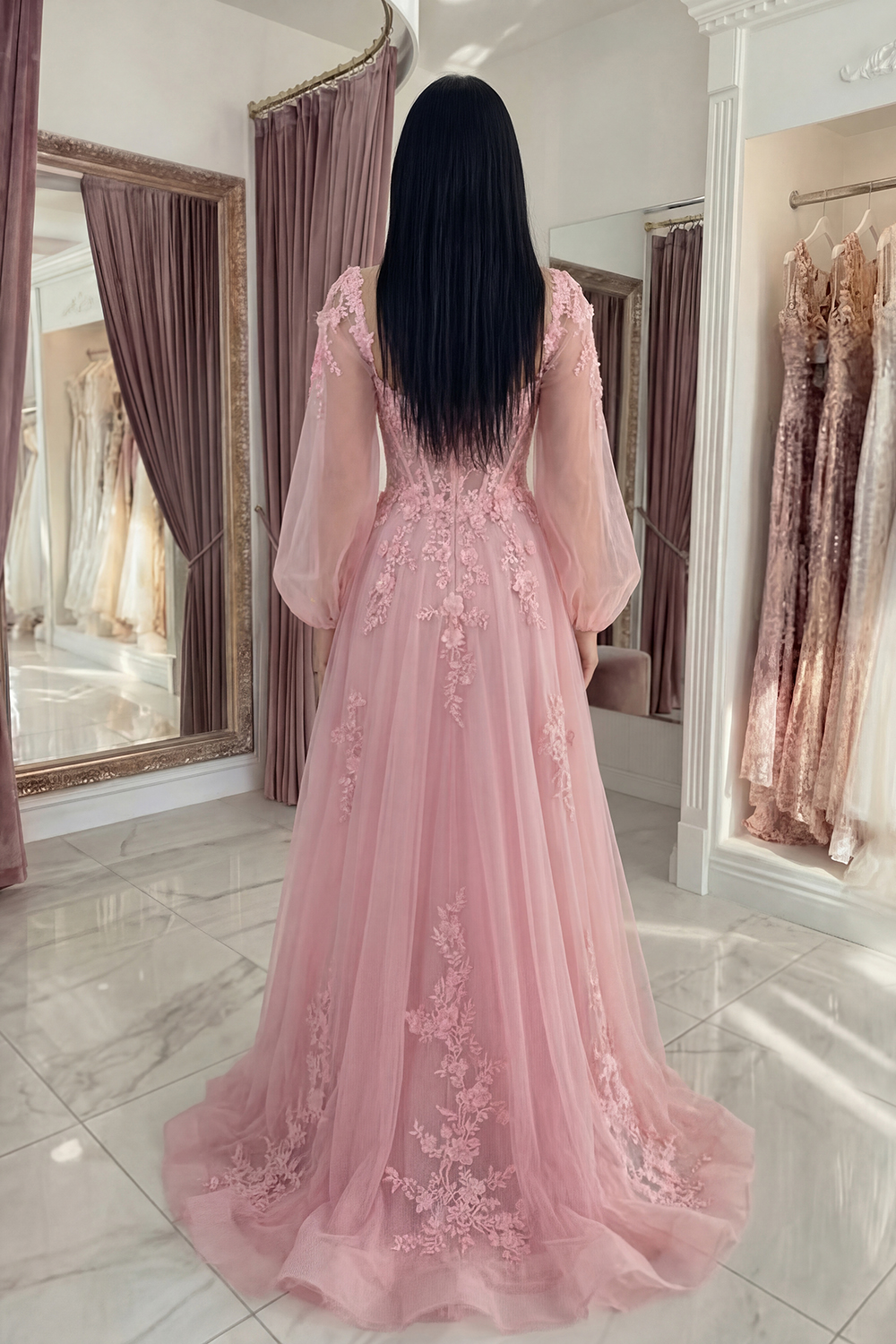 Floral A Line Pink Tulle Long Corset Prom Dress with Sleeves