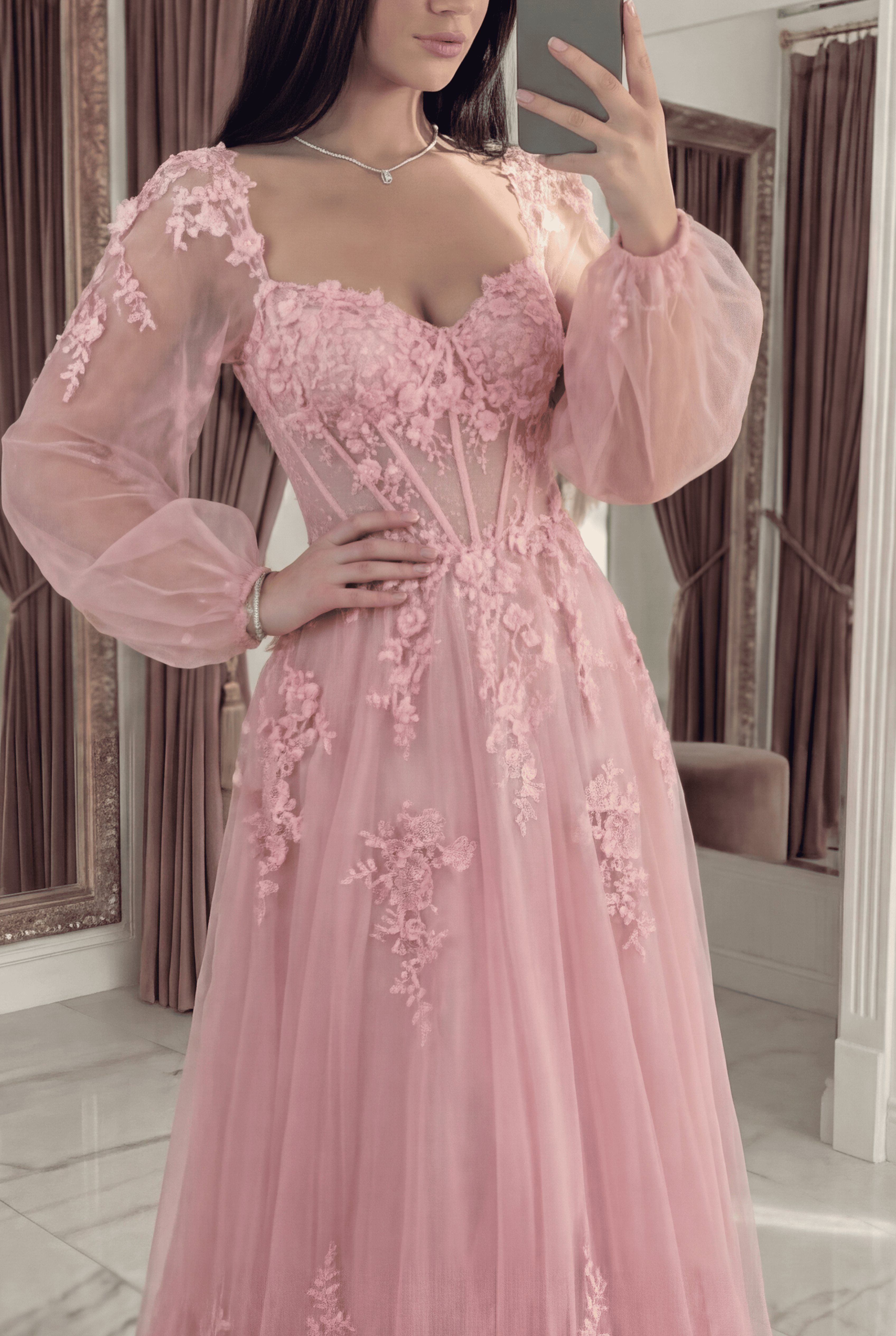 Floral A Line Pink Tulle Long Corset Prom Dress with Sleeves