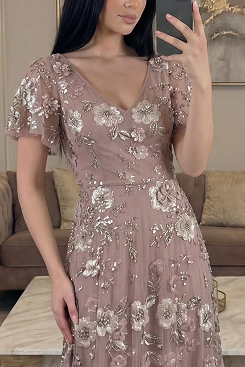 Sparkly Dusty Rose V-Neck A Line Floral Long Gala Dress with Sleeves