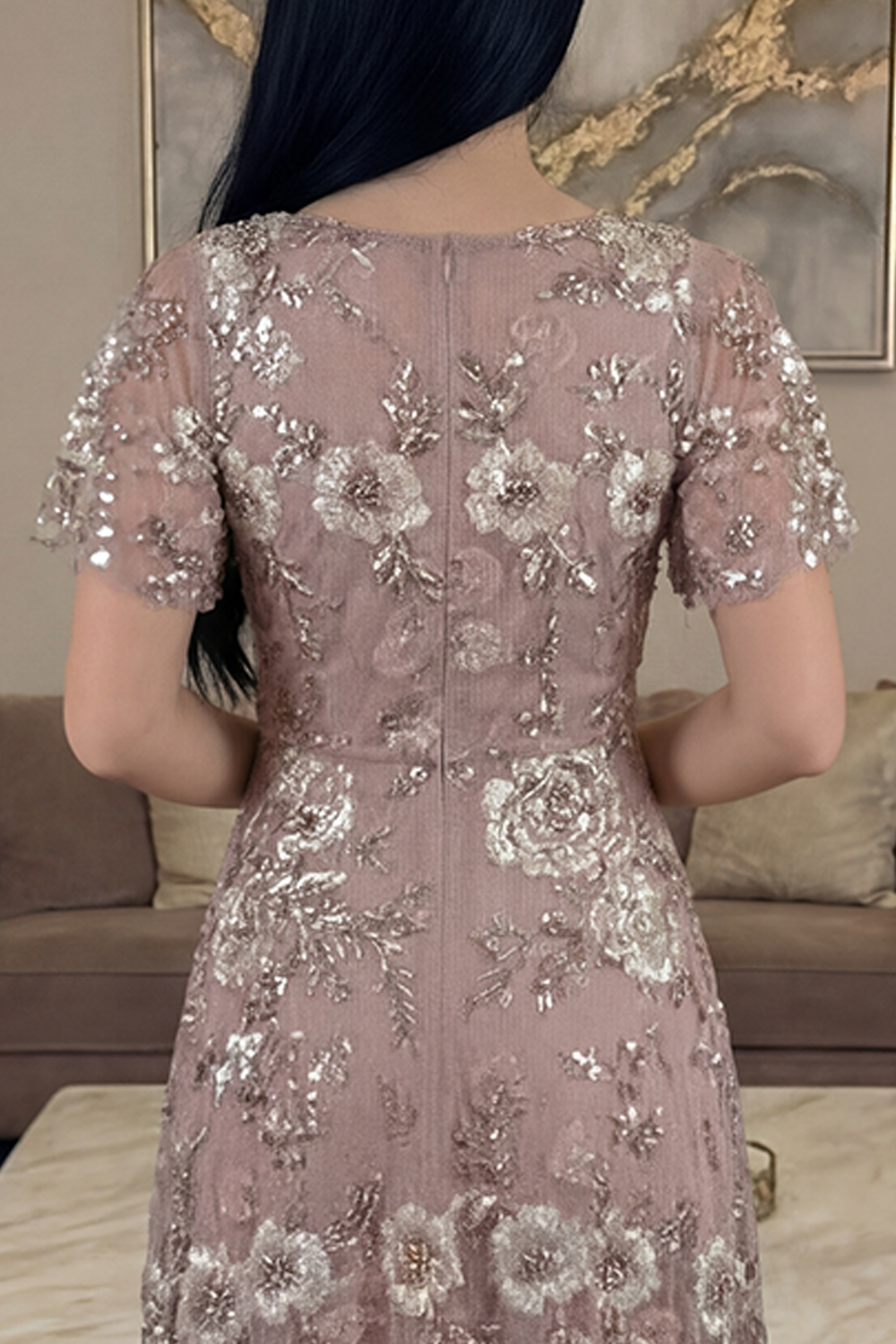 Sparkly Dusty Rose V-Neck A Line Floral Long Gala Dress with Sleeves