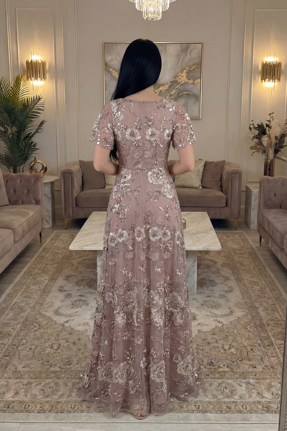 Sparkly Dusty Rose V-Neck A Line Floral Long Gala Dress with Sleeves