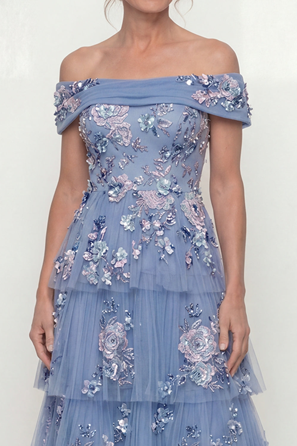 Sparkly A Line Dusty Blue Floral Tiered Long Prom Dress with Ruffles