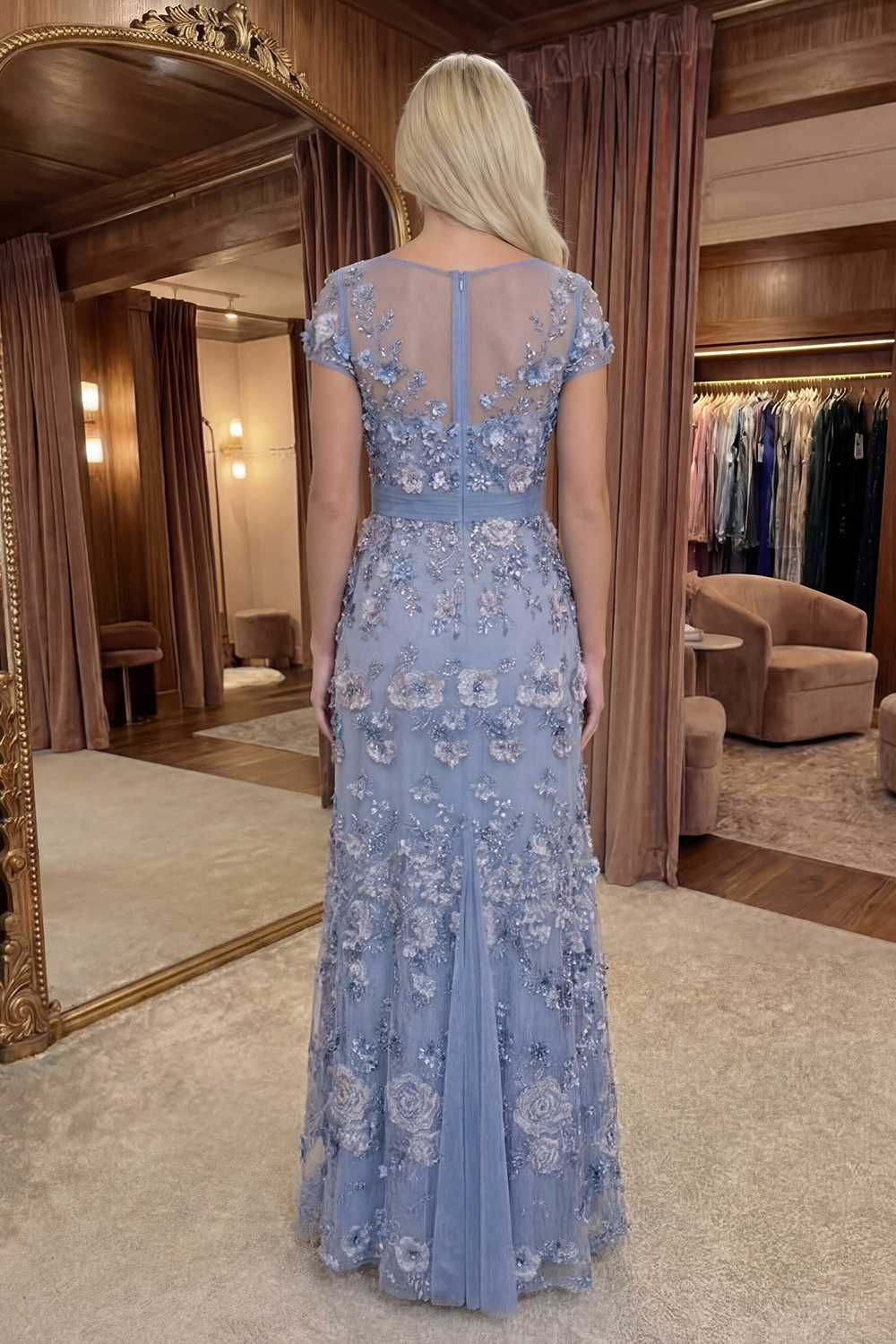 Sparkly Dusty Blue Floral Long Ruched A Line Prom Dress with Sleeves