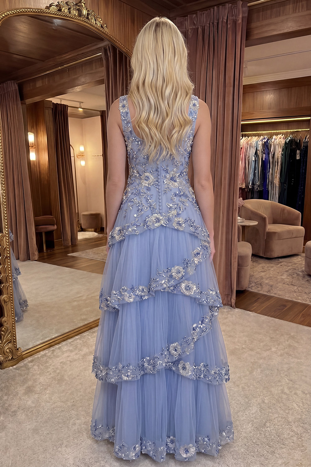 Sparkly A Line Dusty Blue Floral Tulle Long Prom Dress with Ruffles