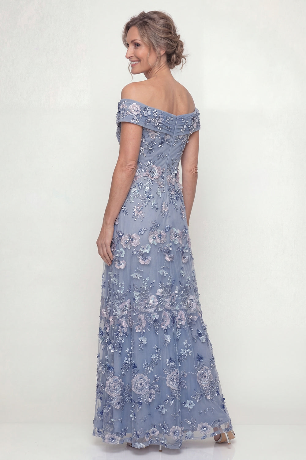 Dusty Blue Floral Off the Shoulder Long A Line Prom Dress