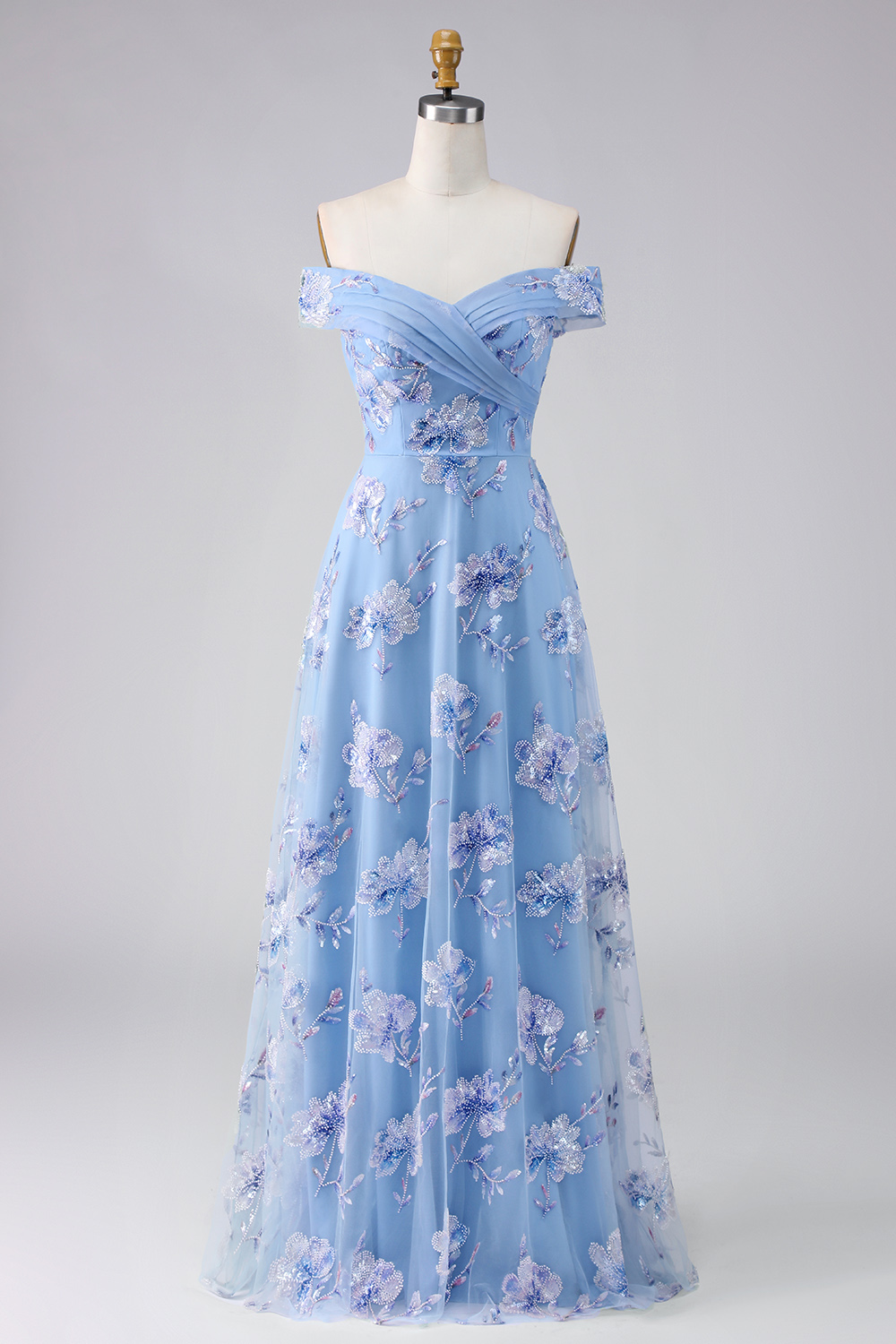 Dusty Blue Floral Off the Shoulder Long A Line Prom Dress