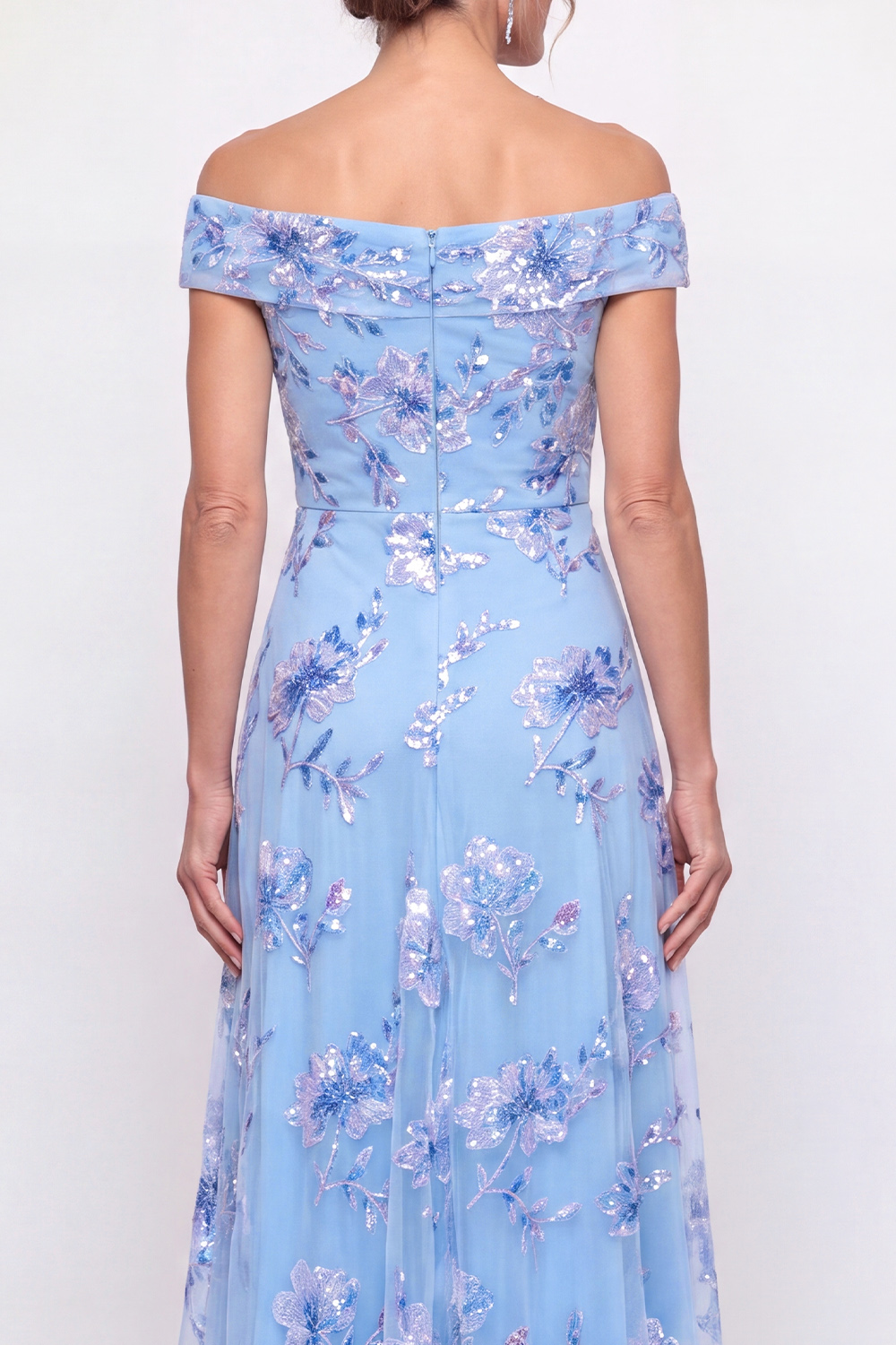 Dusty Blue Floral Off the Shoulder Long A Line Prom Dress