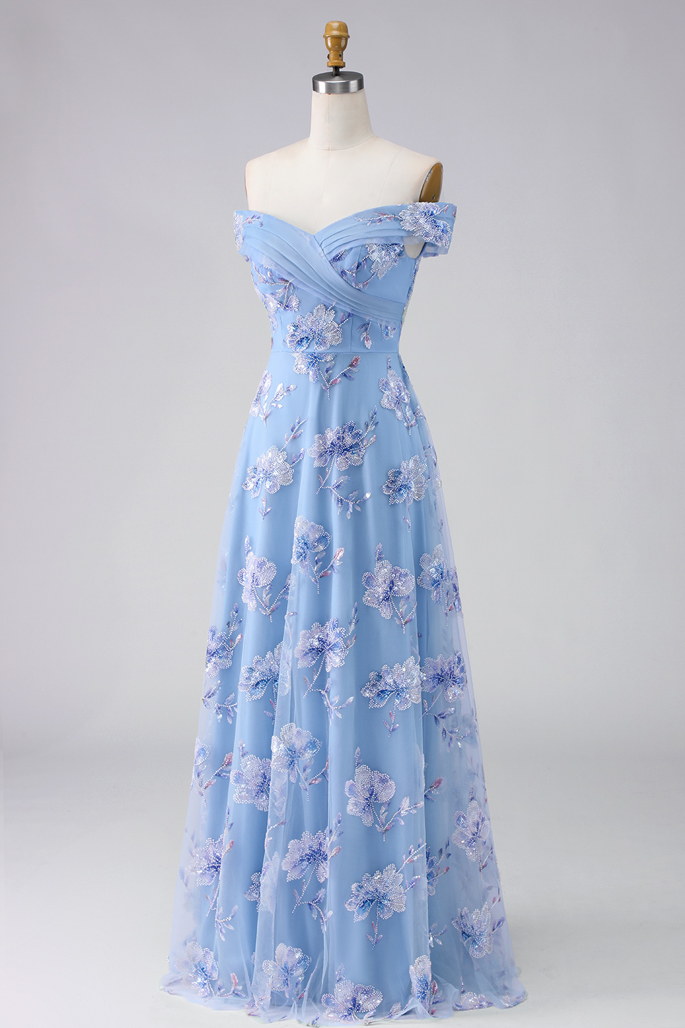 Dusty Blue Floral Off the Shoulder Long A Line Prom Dress