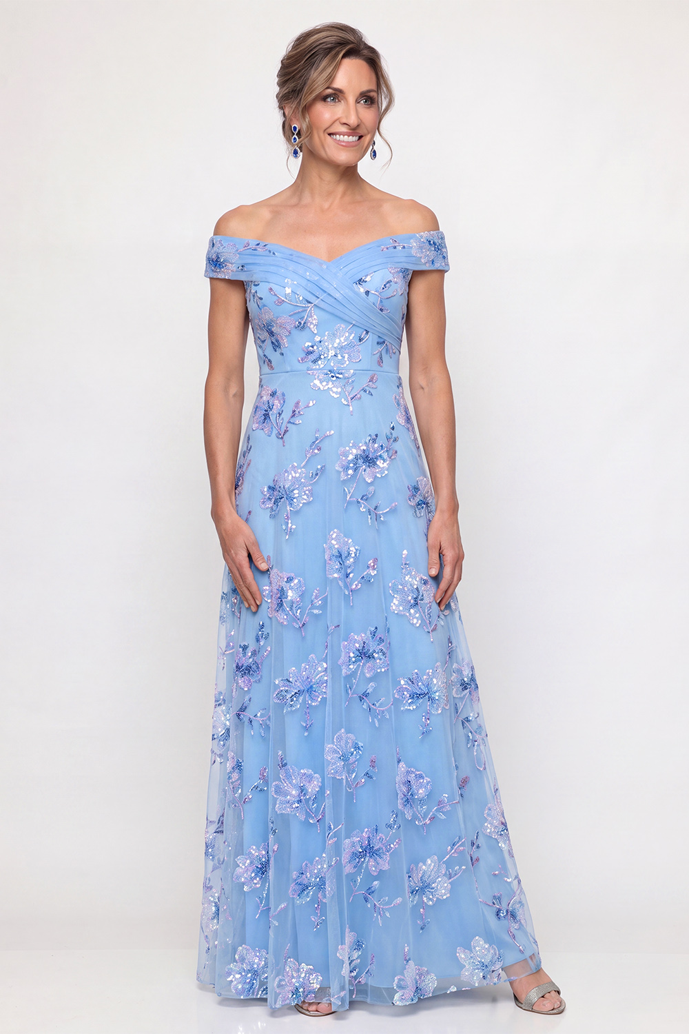 Dusty Blue Floral Off the Shoulder Long A Line Prom Dress