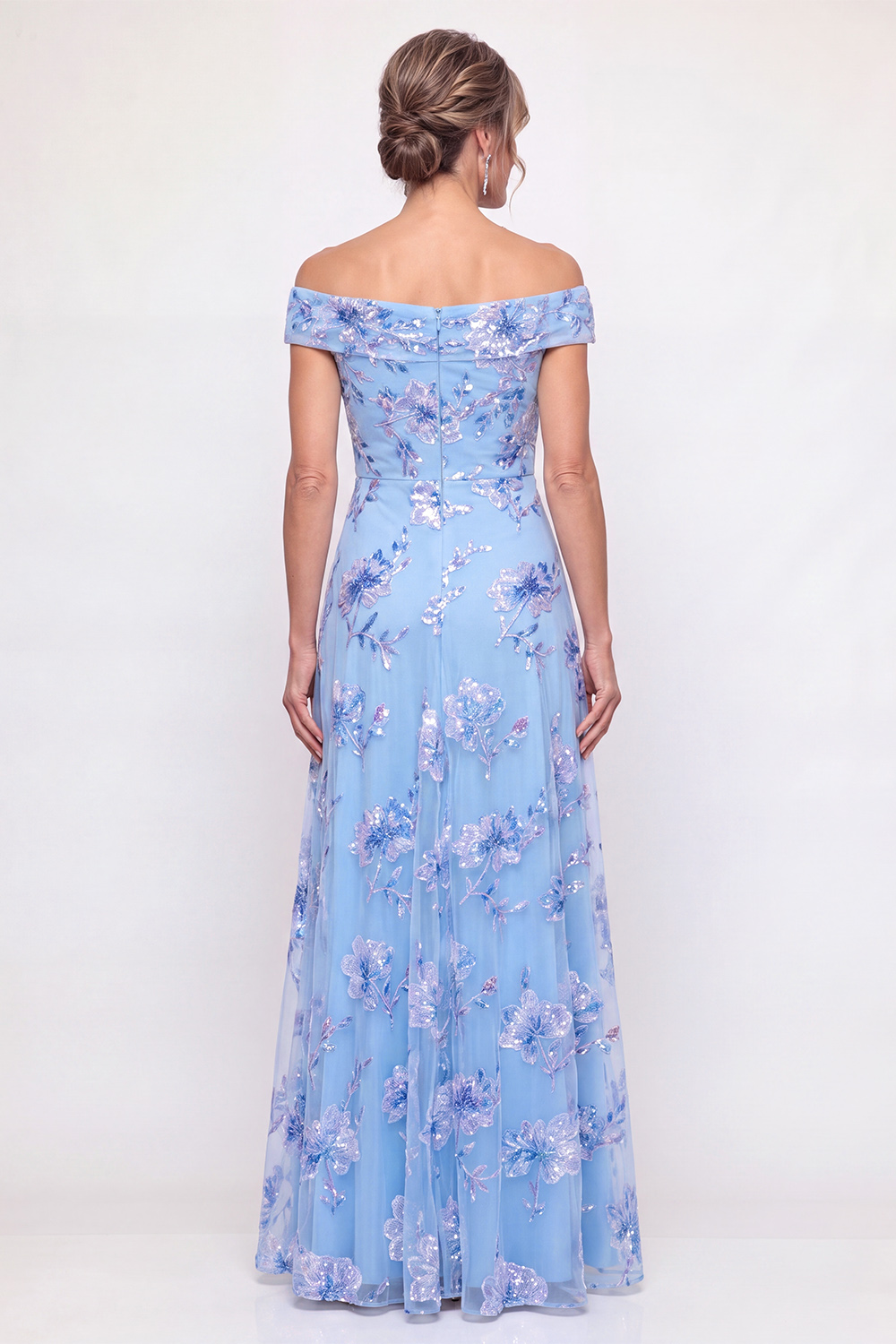 Dusty Blue Floral Off the Shoulder Long A Line Prom Dress