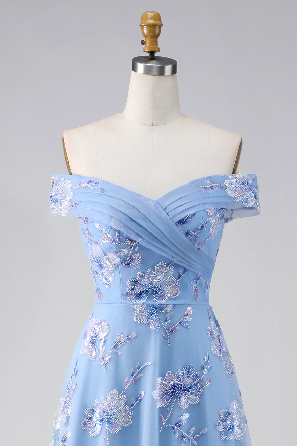 Dusty Blue Floral Off the Shoulder Long A Line Prom Dress