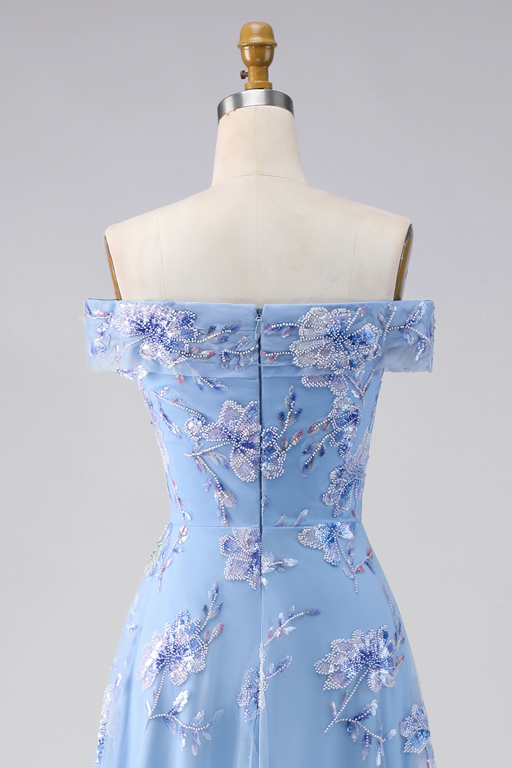 Dusty Blue Floral Off the Shoulder Long A Line Prom Dress