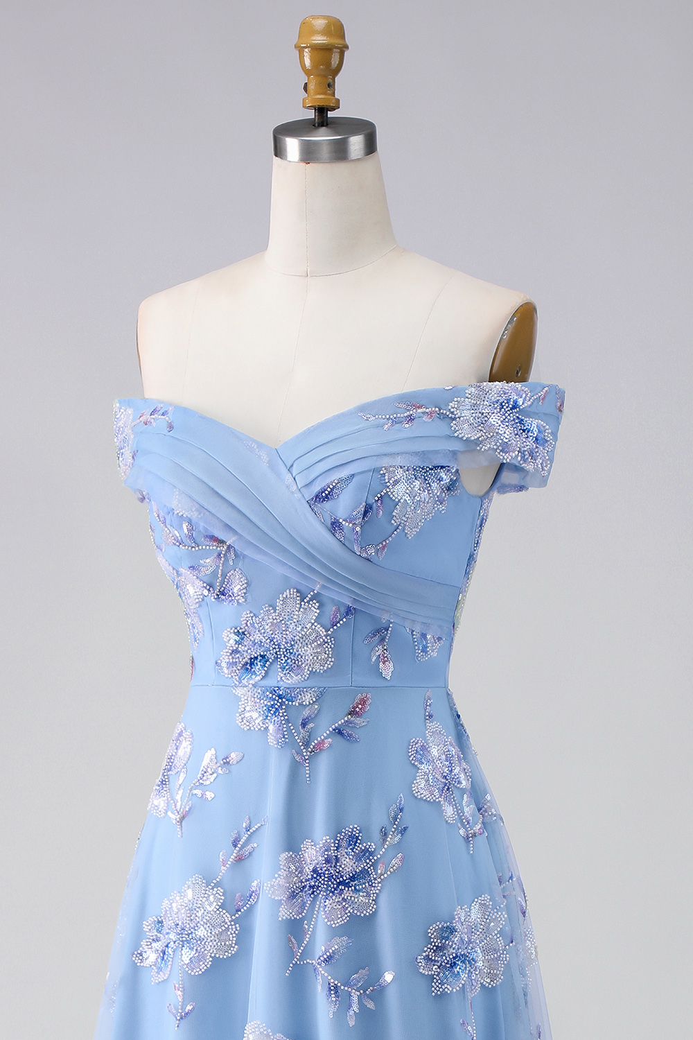 Dusty Blue Floral Off the Shoulder Long A Line Prom Dress