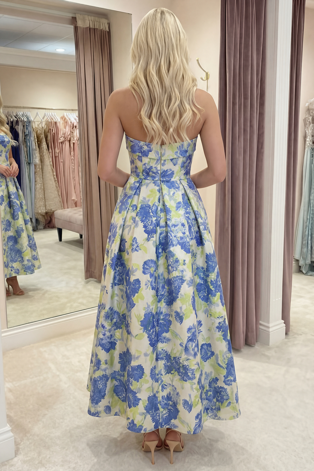 Pink A Line Floral Long Strapless Prom Dress