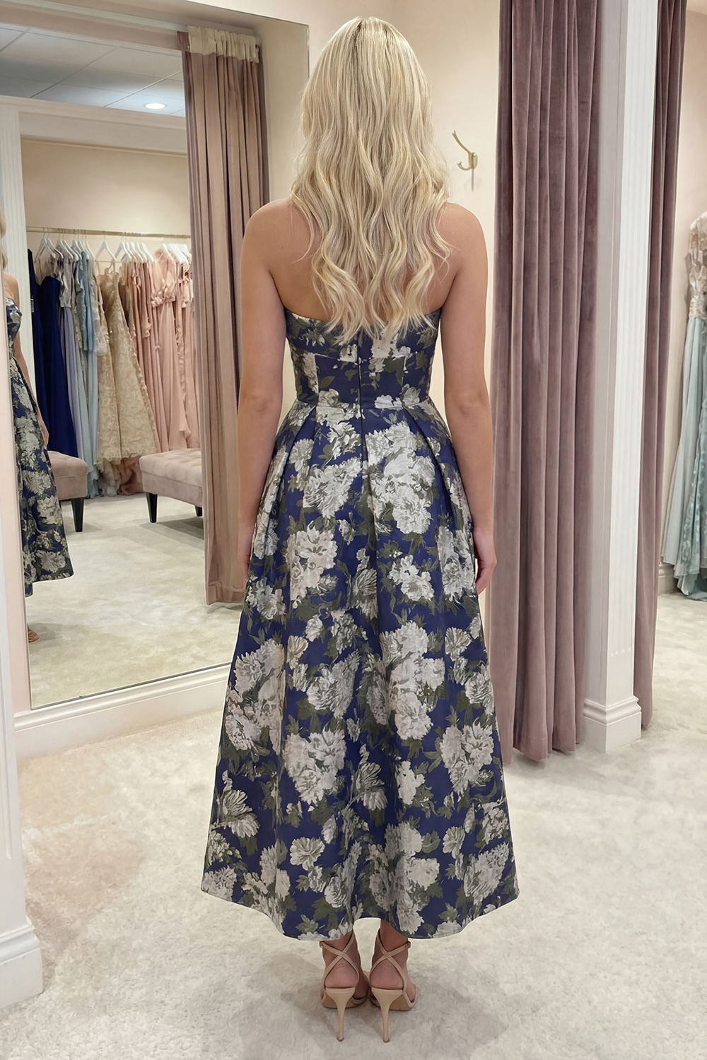 Pink A Line Floral Long Strapless Prom Dress