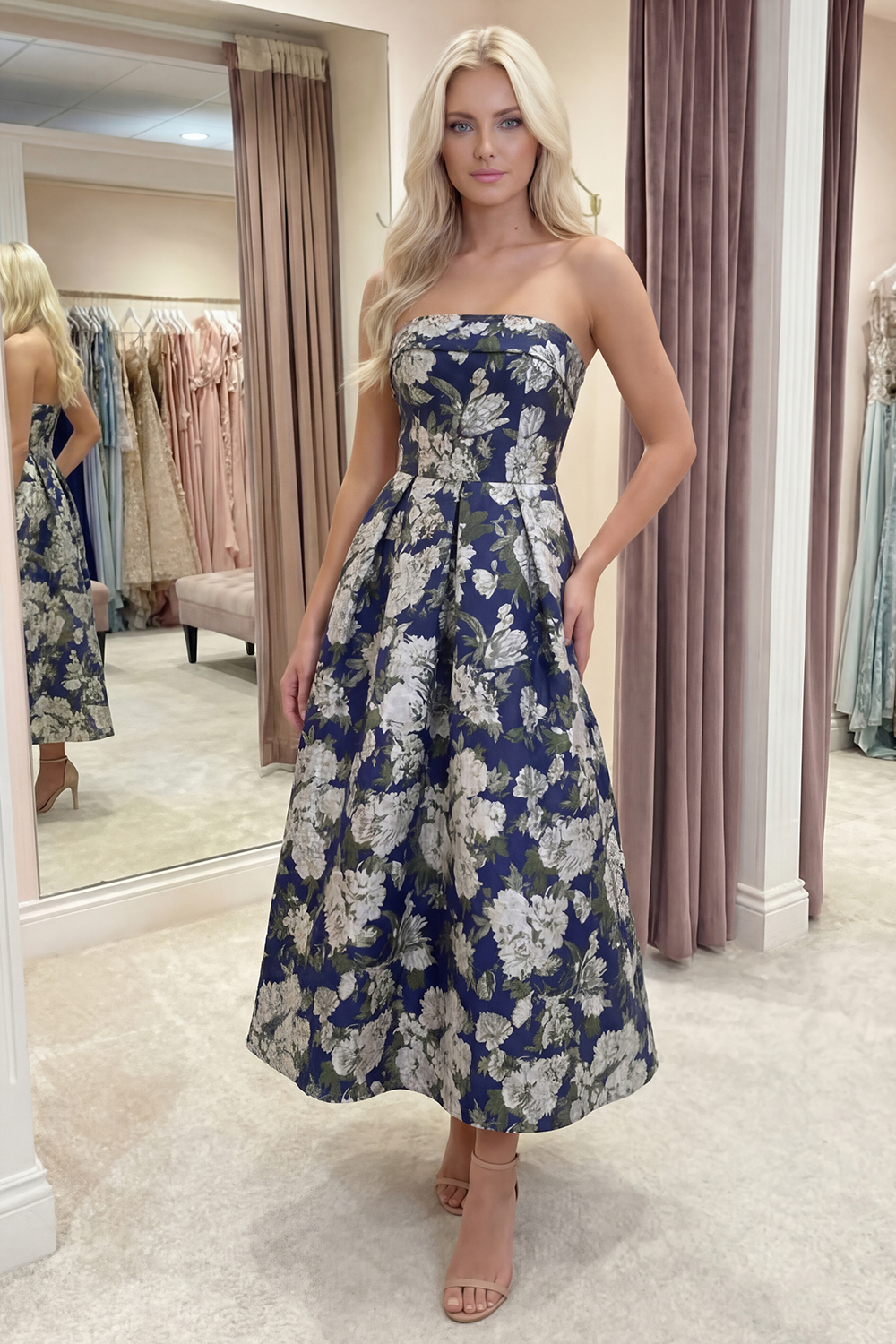 Pink A Line Floral Long Strapless Prom Dress