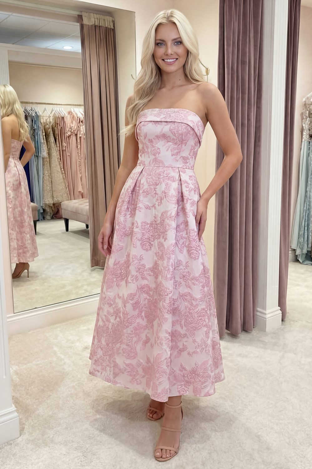 Pink A Line Floral Long Strapless Prom Dress