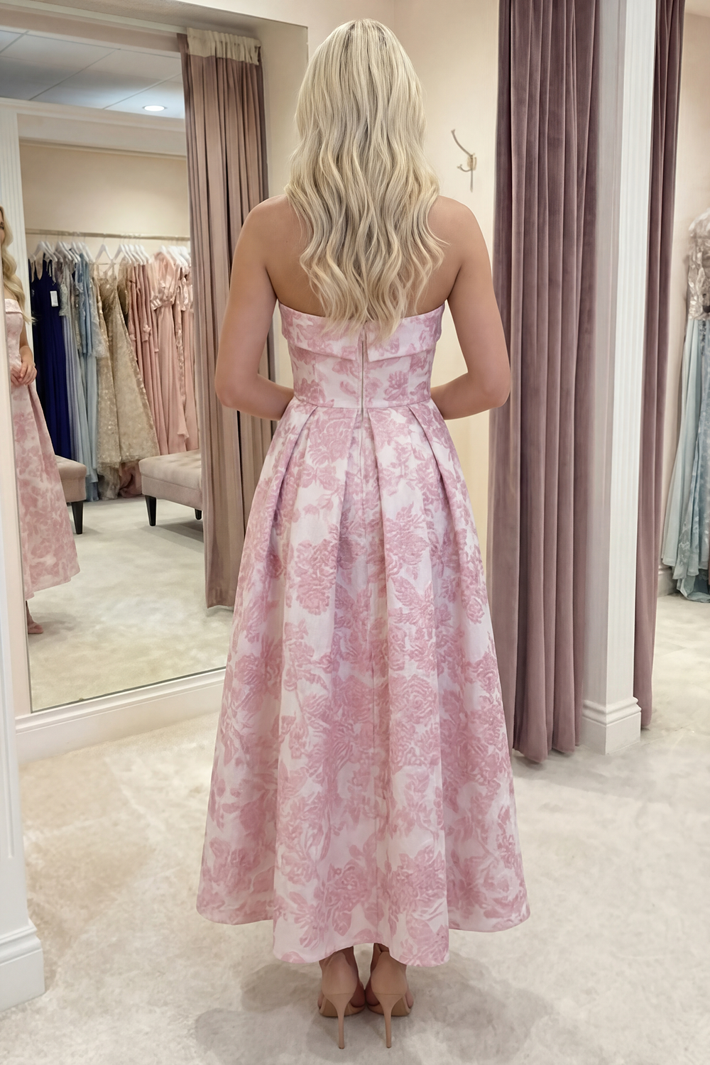 Pink A Line Floral Long Strapless Prom Dress