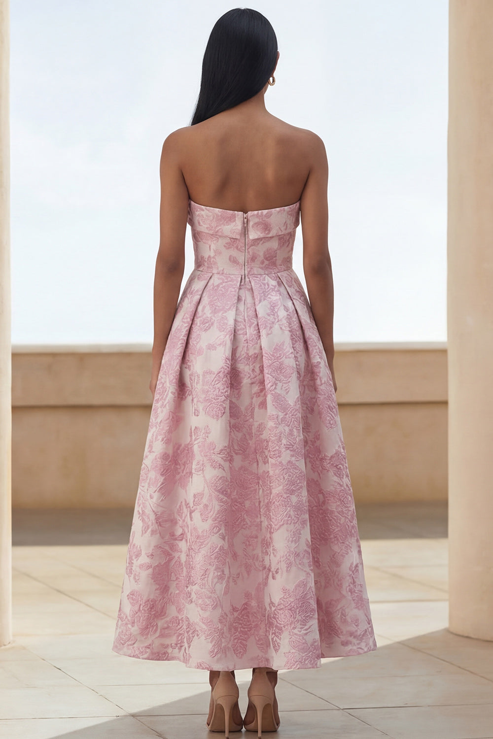 Navy Flower A Line Floral Long Strapless Prom Dress