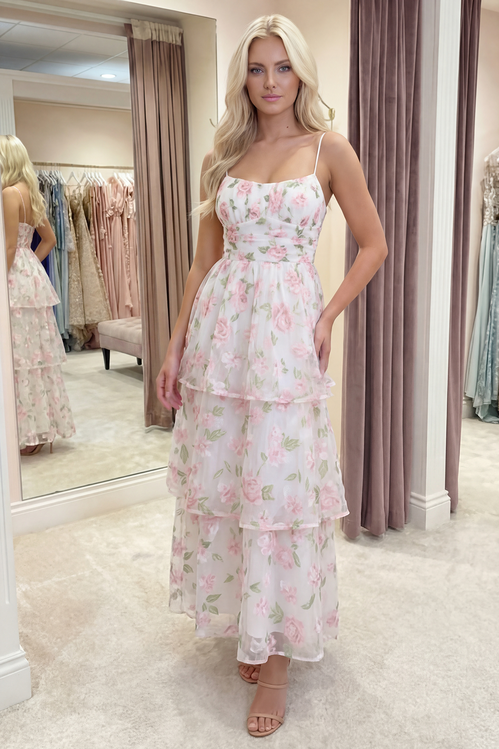 White Pink Flower Corset A Line Long Prom Dress with Ruffles