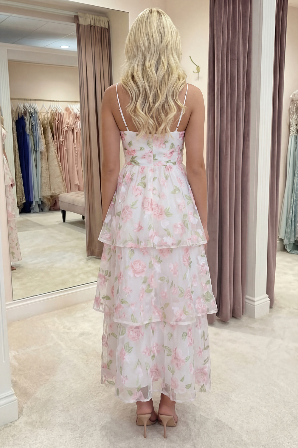 White Pink Flower Corset A Line Long Prom Dress with Ruffles