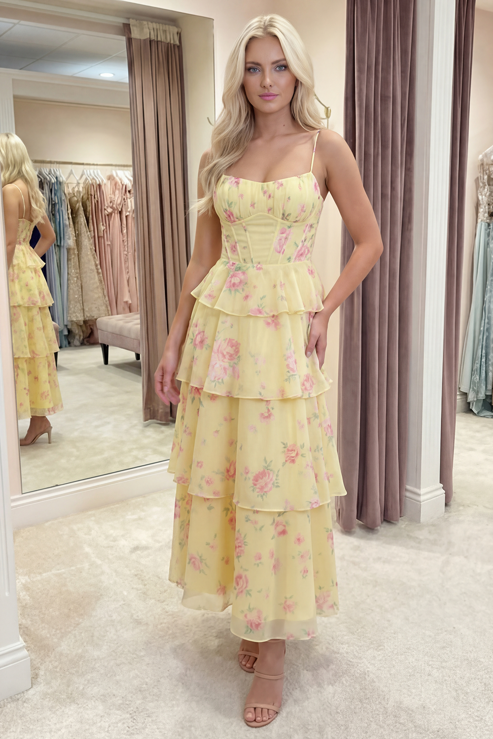 White Pink Flower Corset A Line Long Prom Dress with Ruffles