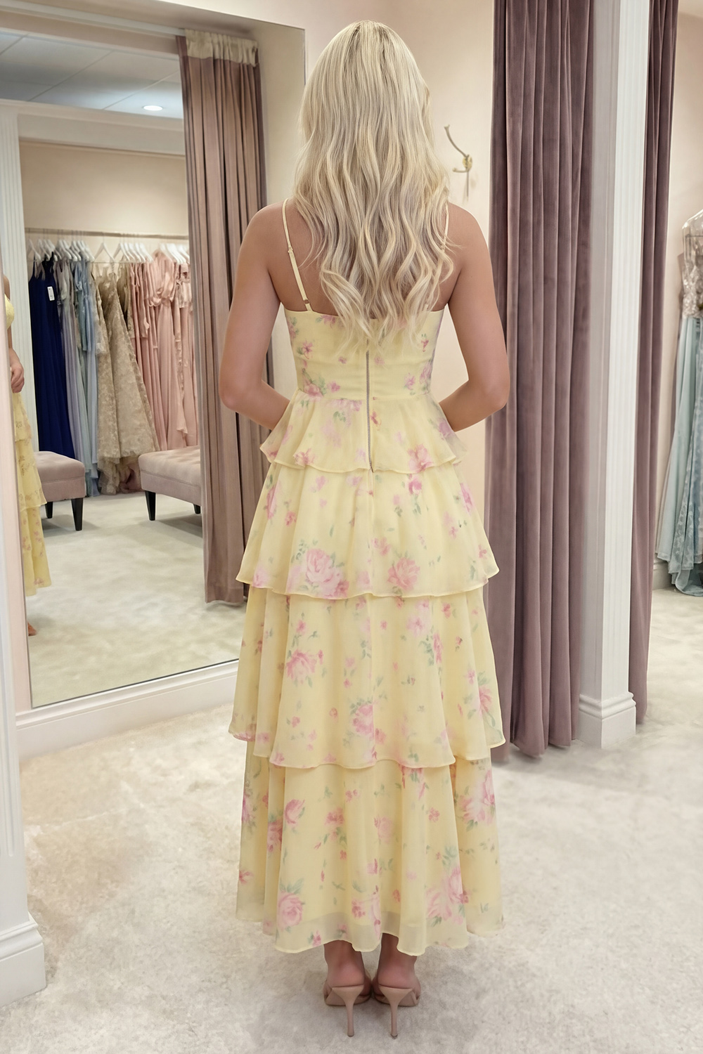 White Pink Flower Corset A Line Long Prom Dress with Ruffles