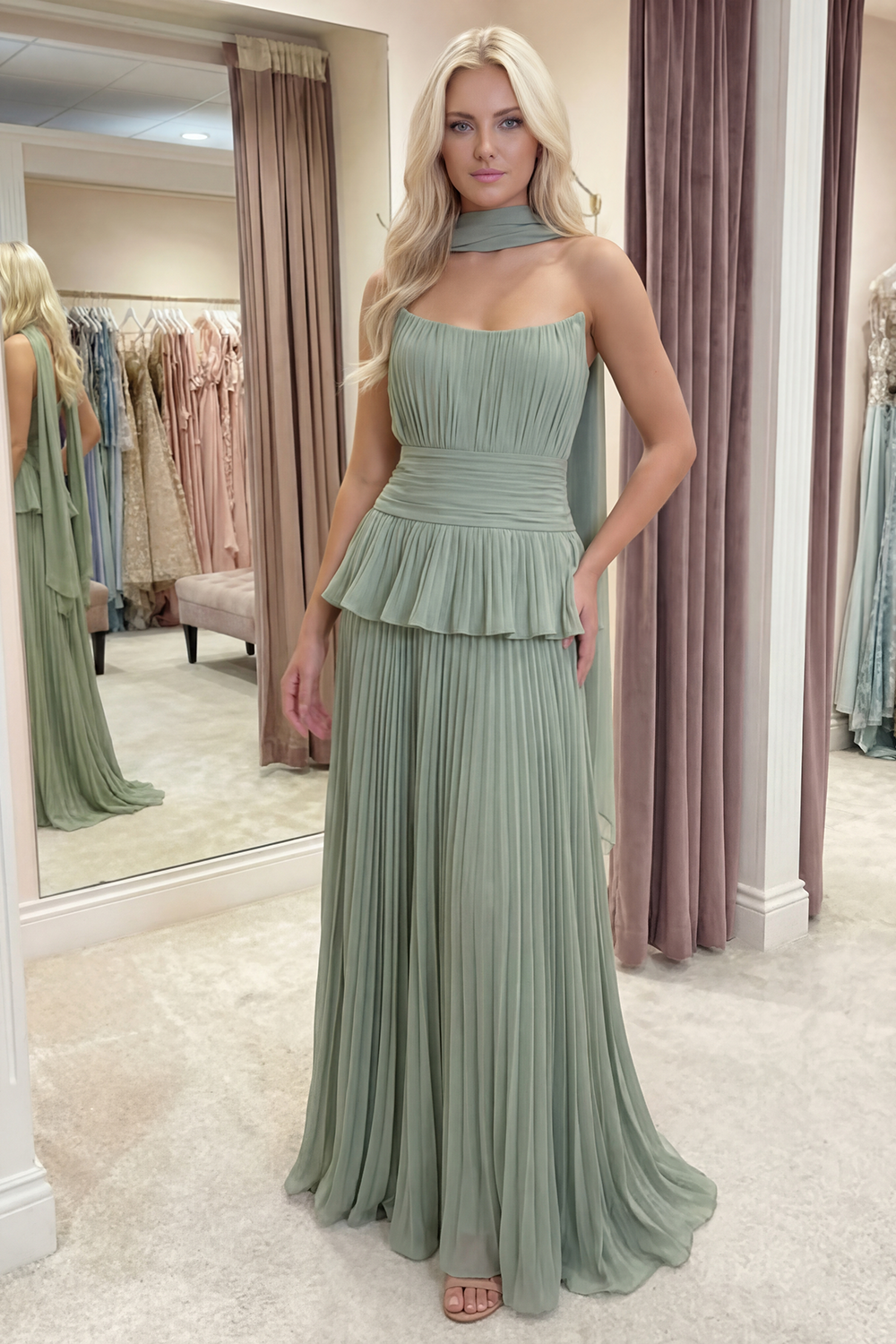 White Blue Flower A Line Long Ruffled Prom Dress with Pleats