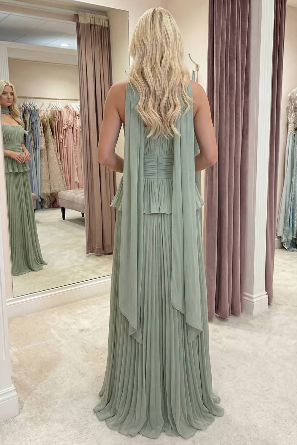 White Blue Flower A Line Long Ruffled Prom Dress with Pleats