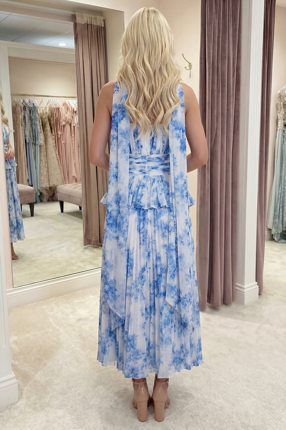 White Blue Flower A Line Long Ruffled Prom Dress with Pleats