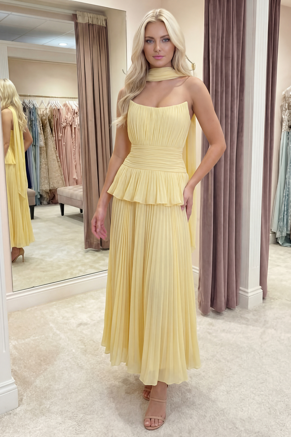 White Blue Flower A Line Long Ruffled Prom Dress with Pleats