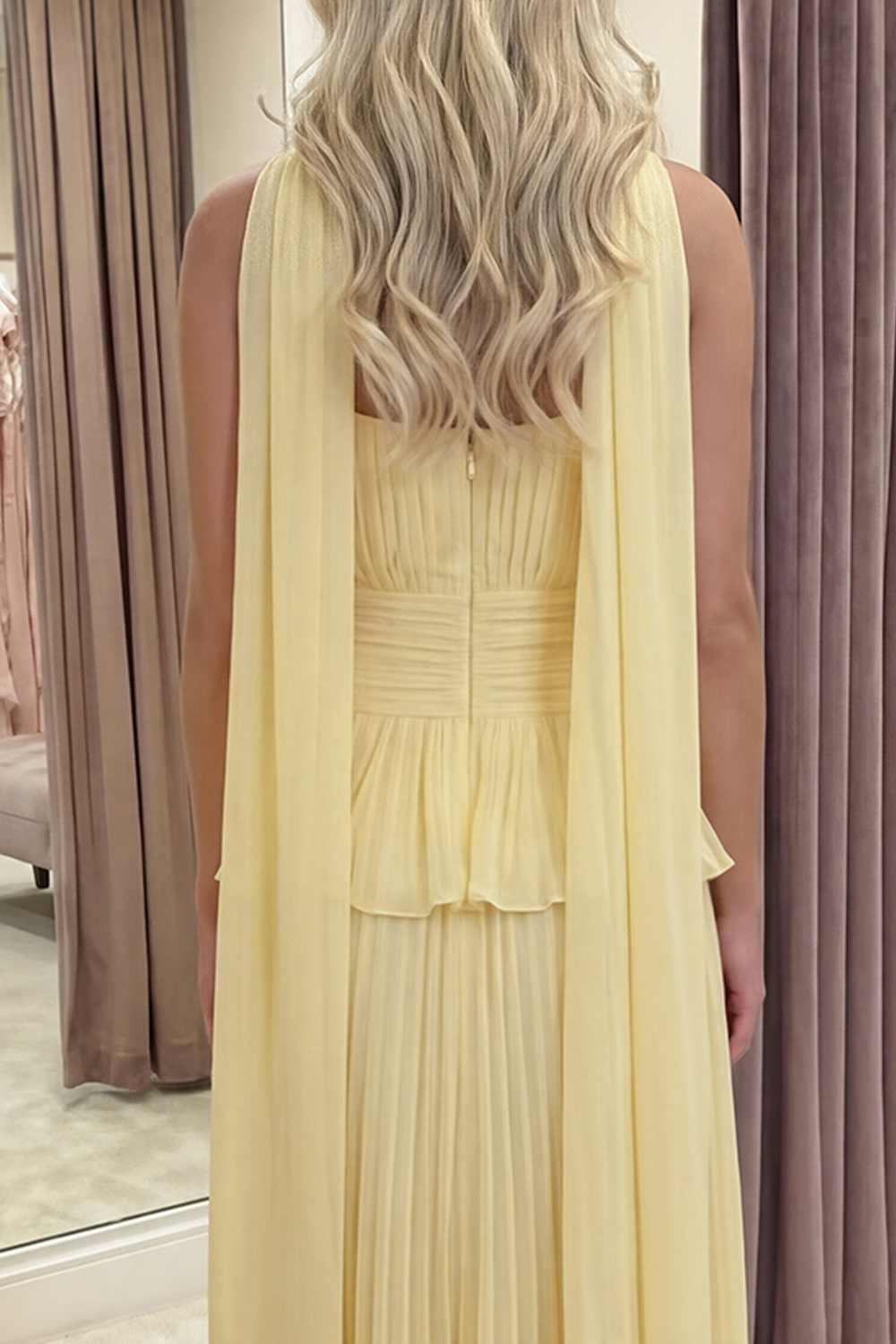 White Blue Flower A Line Long Ruffled Prom Dress with Pleats