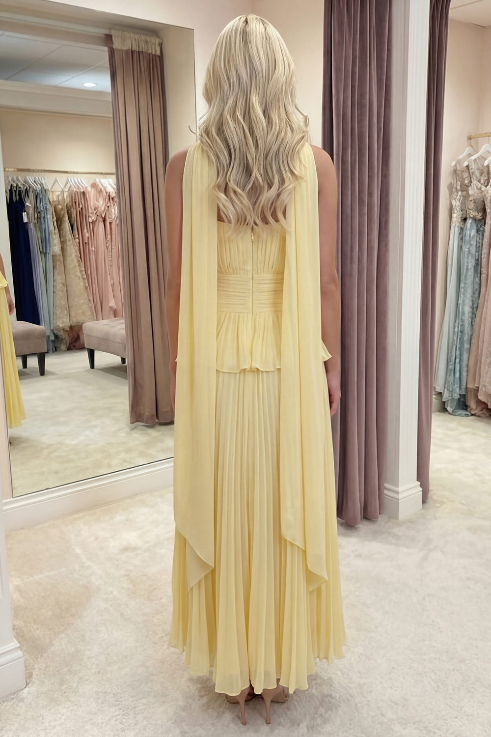 White Blue Flower A Line Long Ruffled Prom Dress with Pleats