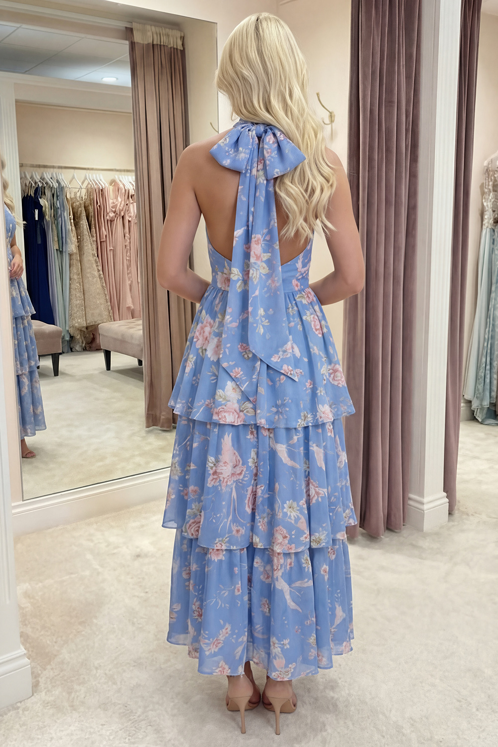 White Pink Flower Ruffled Halter Ruffled A Line Long Prom Dress with Bow