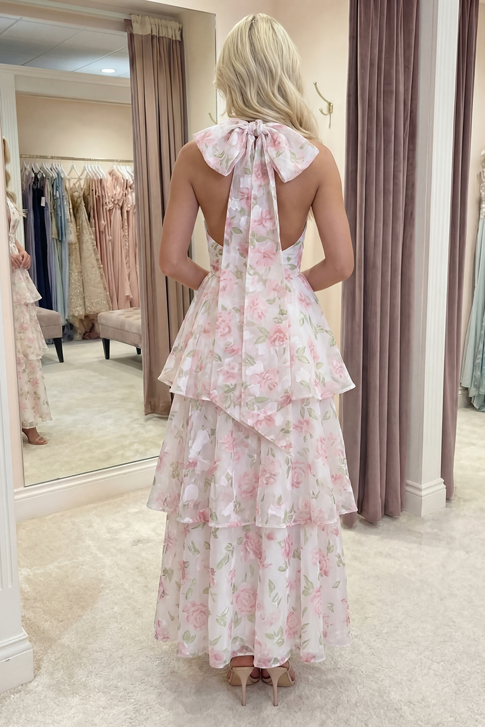 White Pink Flower Ruffled Halter Ruffled A Line Long Prom Dress with Bow