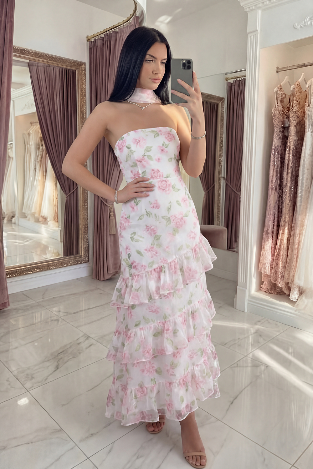 White Pink Flower Mermaid Strapless Long Prom Dress with Ruffles
