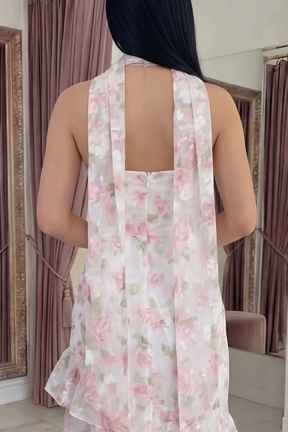 White Pink Flower Mermaid Strapless Long Prom Dress with Ruffles