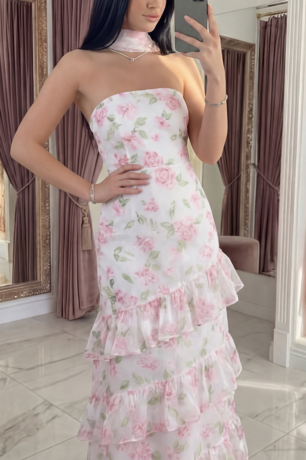 White Pink Flower Mermaid Strapless Long Prom Dress with Ruffles