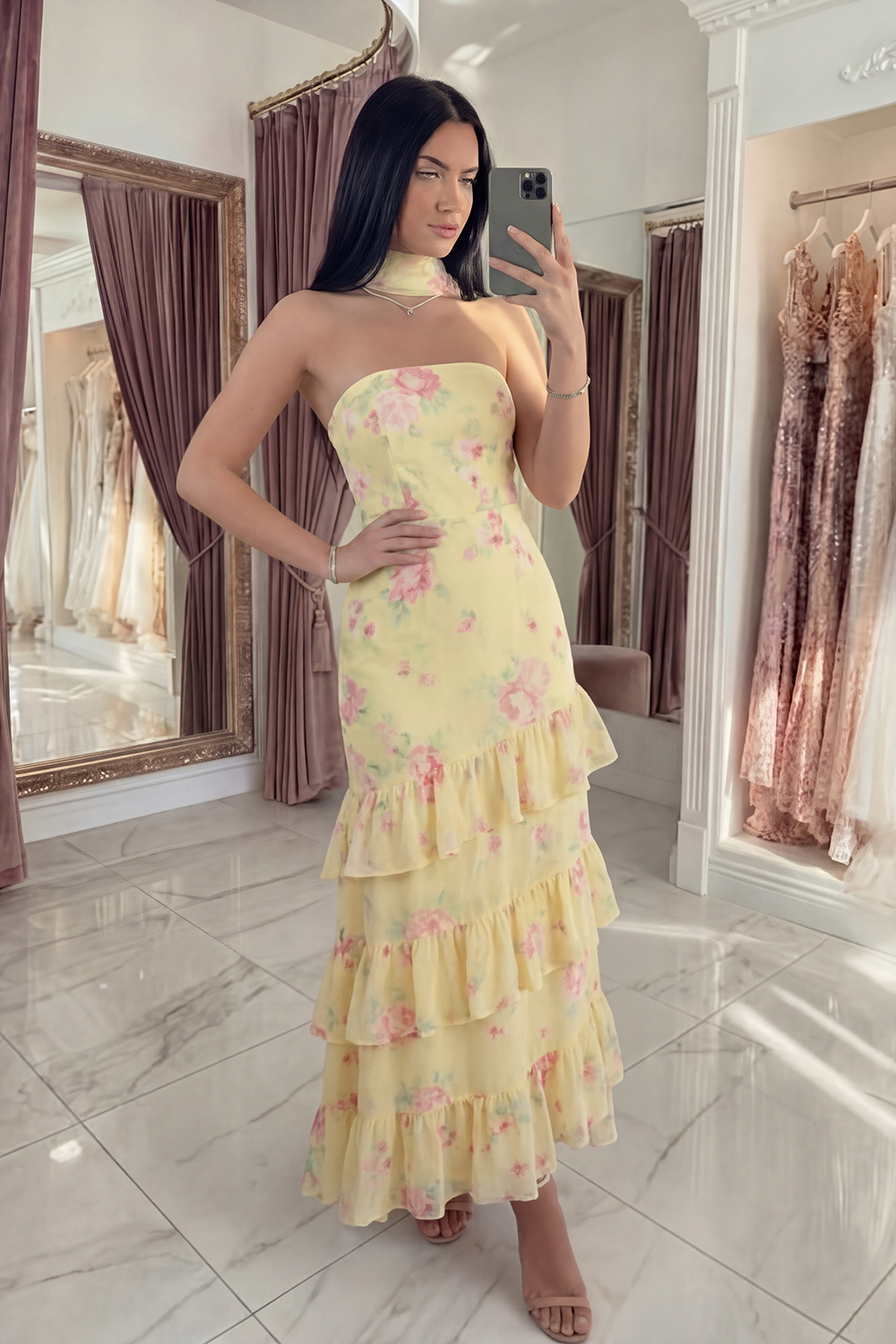 White Pink Flower Mermaid Strapless Long Prom Dress with Ruffles