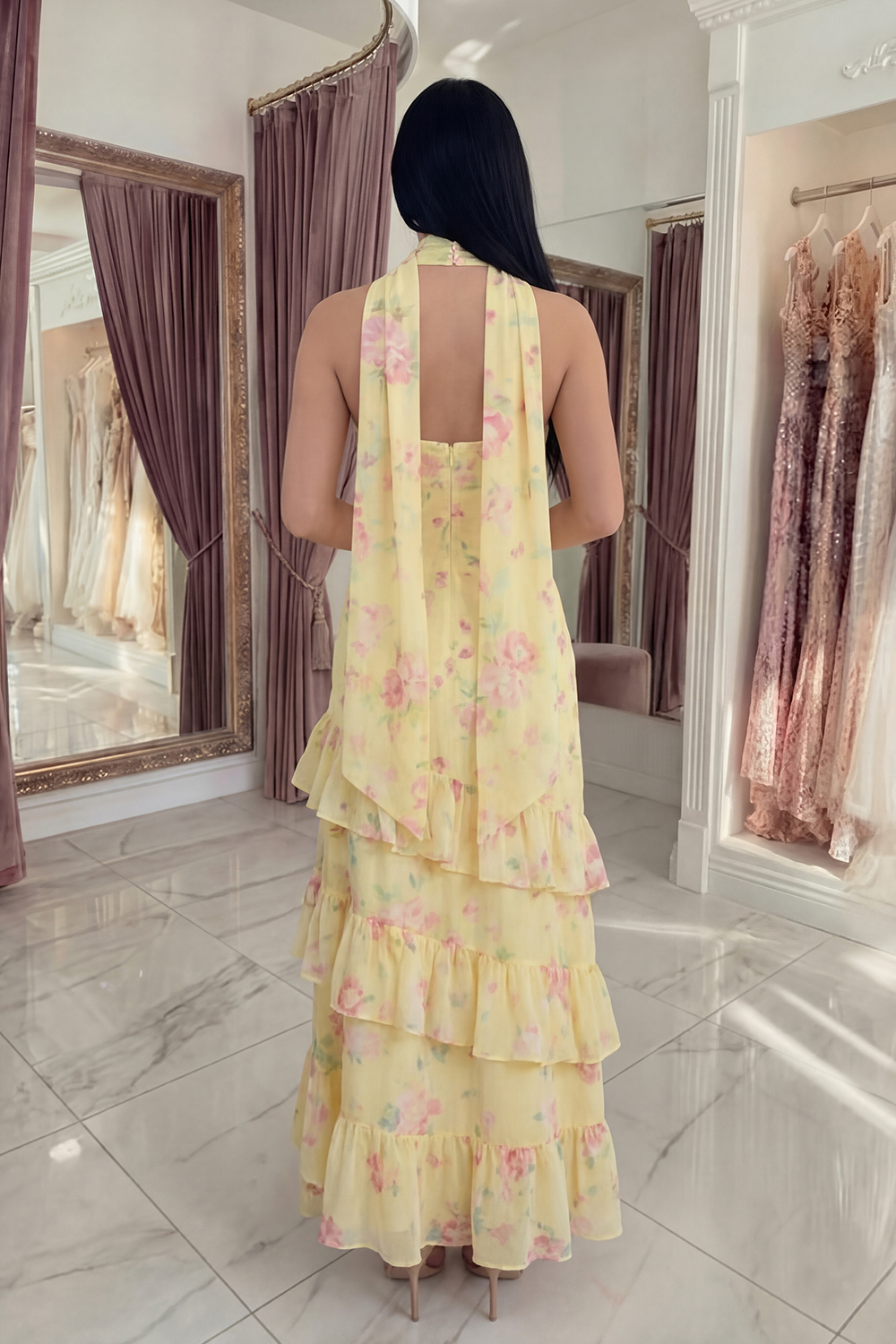 White Pink Flower Mermaid Strapless Long Prom Dress with Ruffles