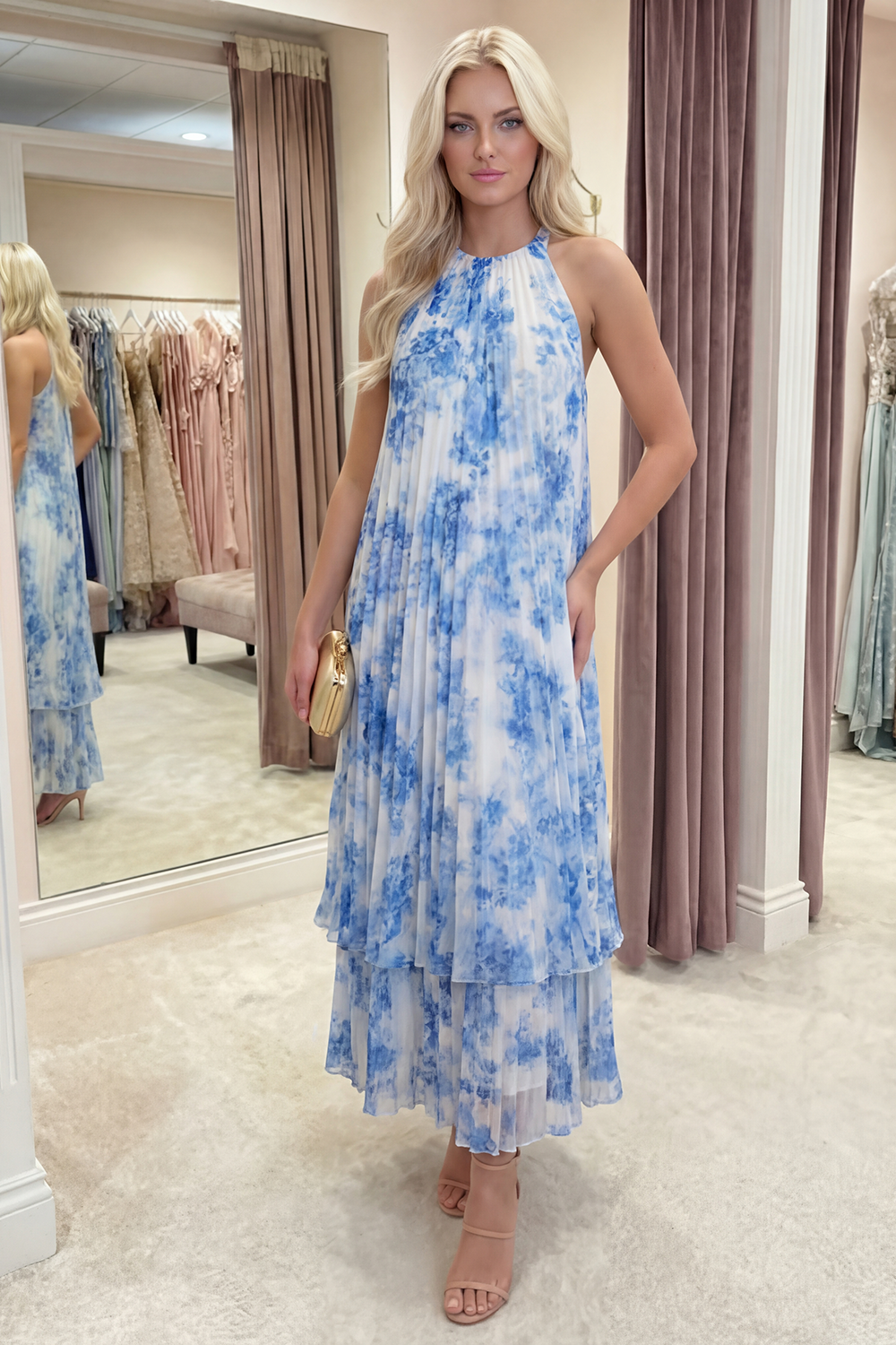 White Blue Flower A Line Floral Long Pleated Prom Dress