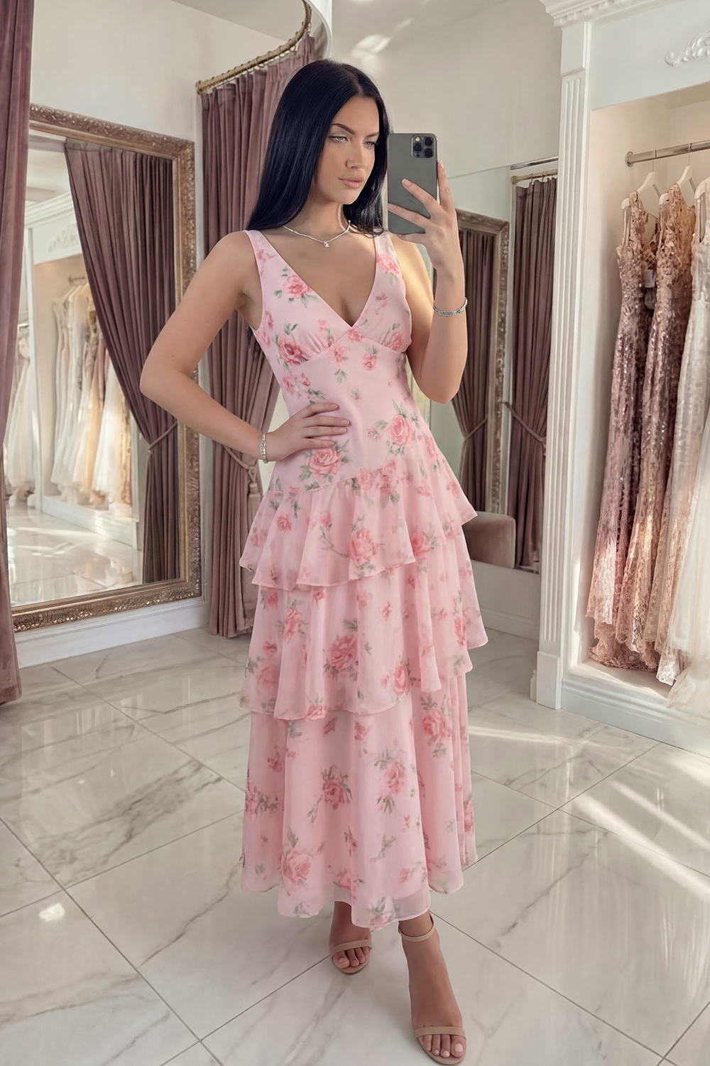 Pink V-Neck A Line Floral Ruffled Long Prom Dress