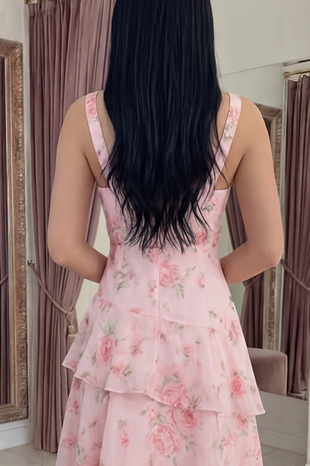 Pink V-Neck A Line Floral Ruffled Long Prom Dress