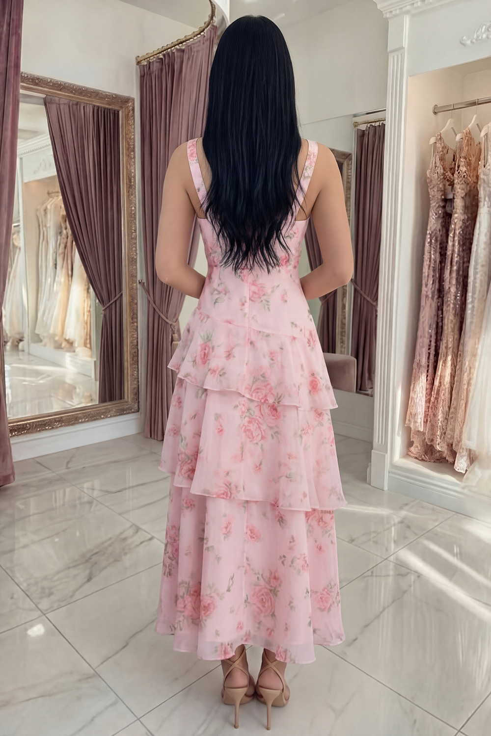 Pink V-Neck A Line Floral Ruffled Long Prom Dress