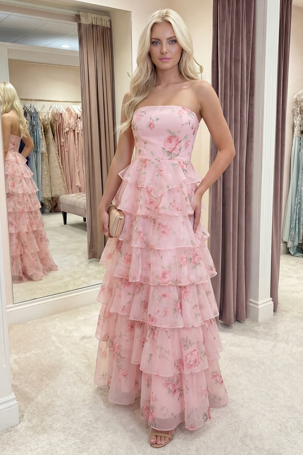 Pink A Line Floral Long Strapless Long Prom Dress with Ruffles