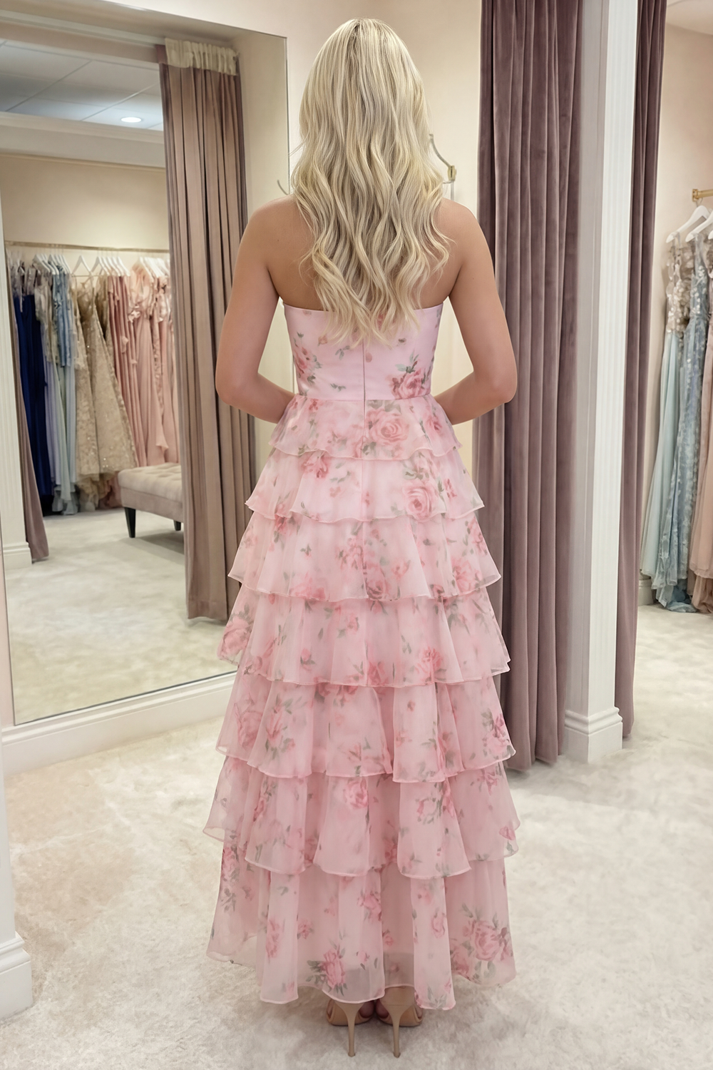 Pink A Line Floral Long Strapless Long Prom Dress with Ruffles
