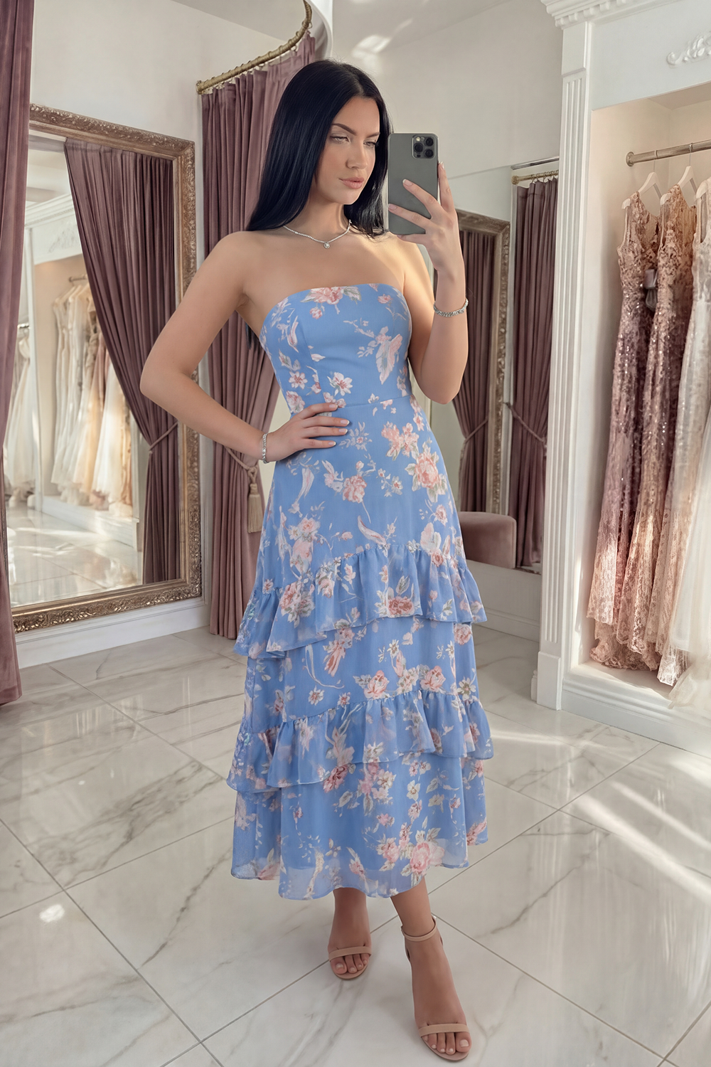 Blue A Line Strapless Floral Long Prom Dress with Ruffles