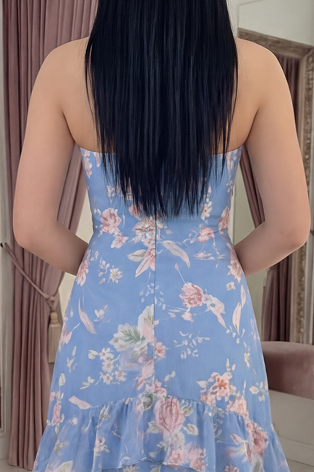 Blue A Line Strapless Floral Long Prom Dress with Ruffles