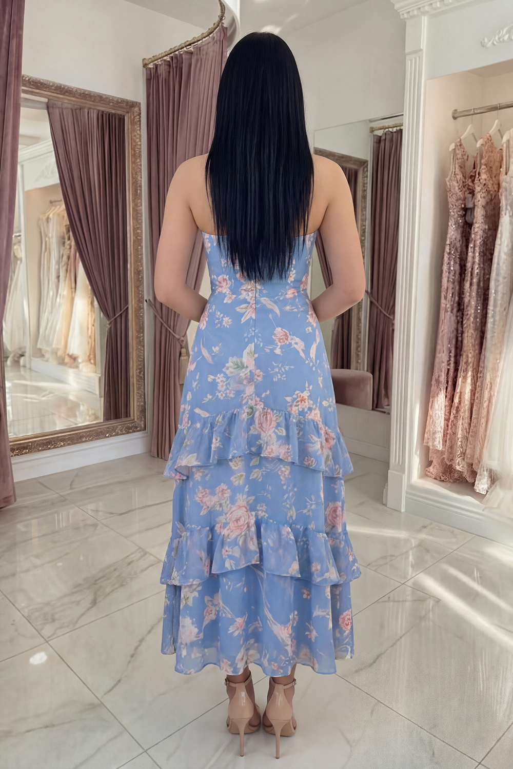 Blue A Line Strapless Floral Long Prom Dress with Ruffles