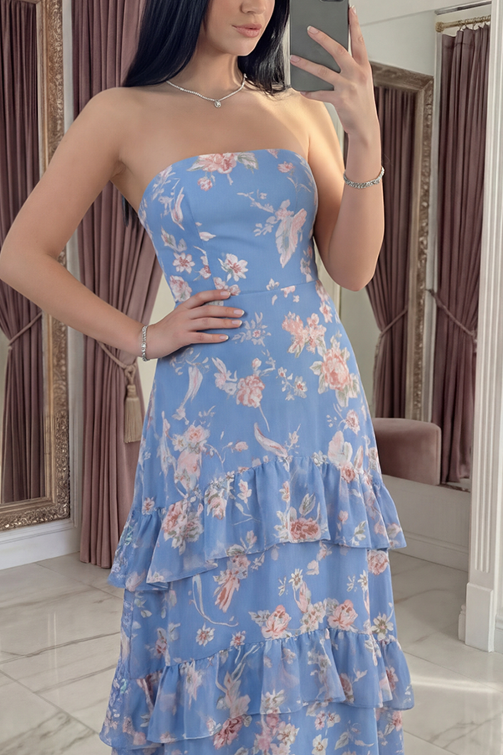 Blue A Line Strapless Floral Long Prom Dress with Ruffles